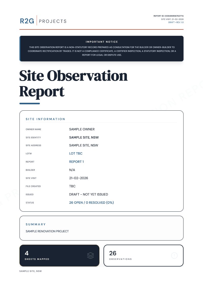 Cover page of the sample site observation report