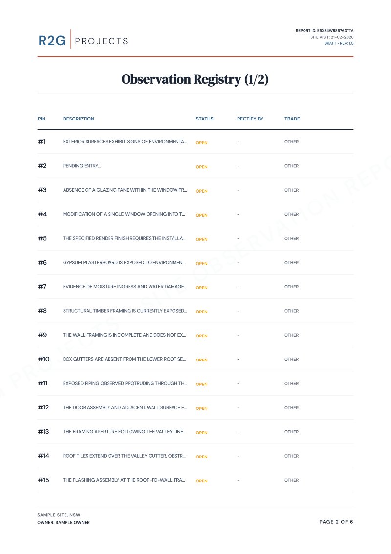 Observation registry listing each defect, its status and due date