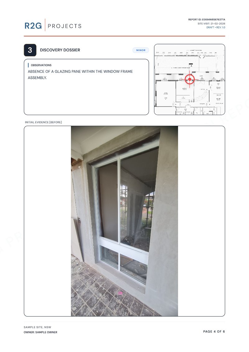 A defect page with a photo marked up with arrows and the plan location